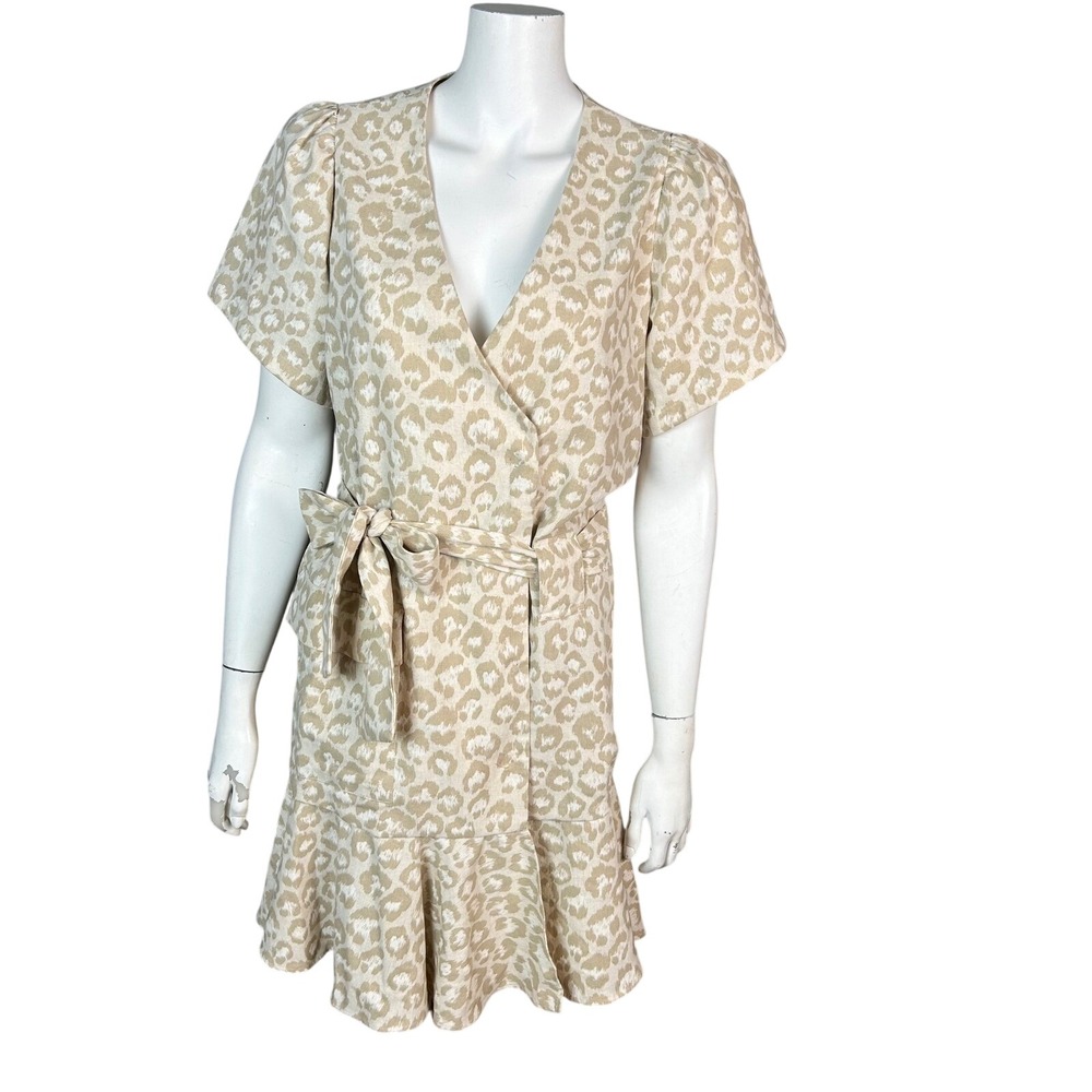 Valentina Shah Linen Dress size 6 Feminine Italy Leopard Neutral Ruffle Handmade